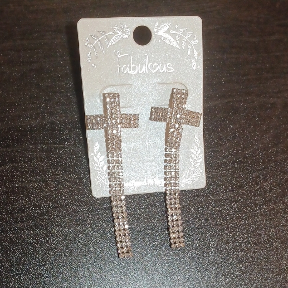 Bling Silver Cross Dangle Earrings - Picture 2 of 2